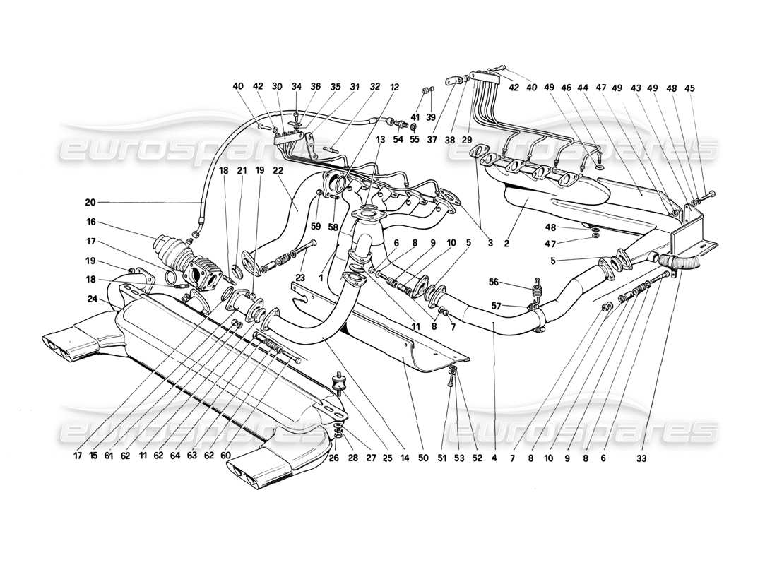 ferrari 208 turbo (1982) exhaust system part diagram