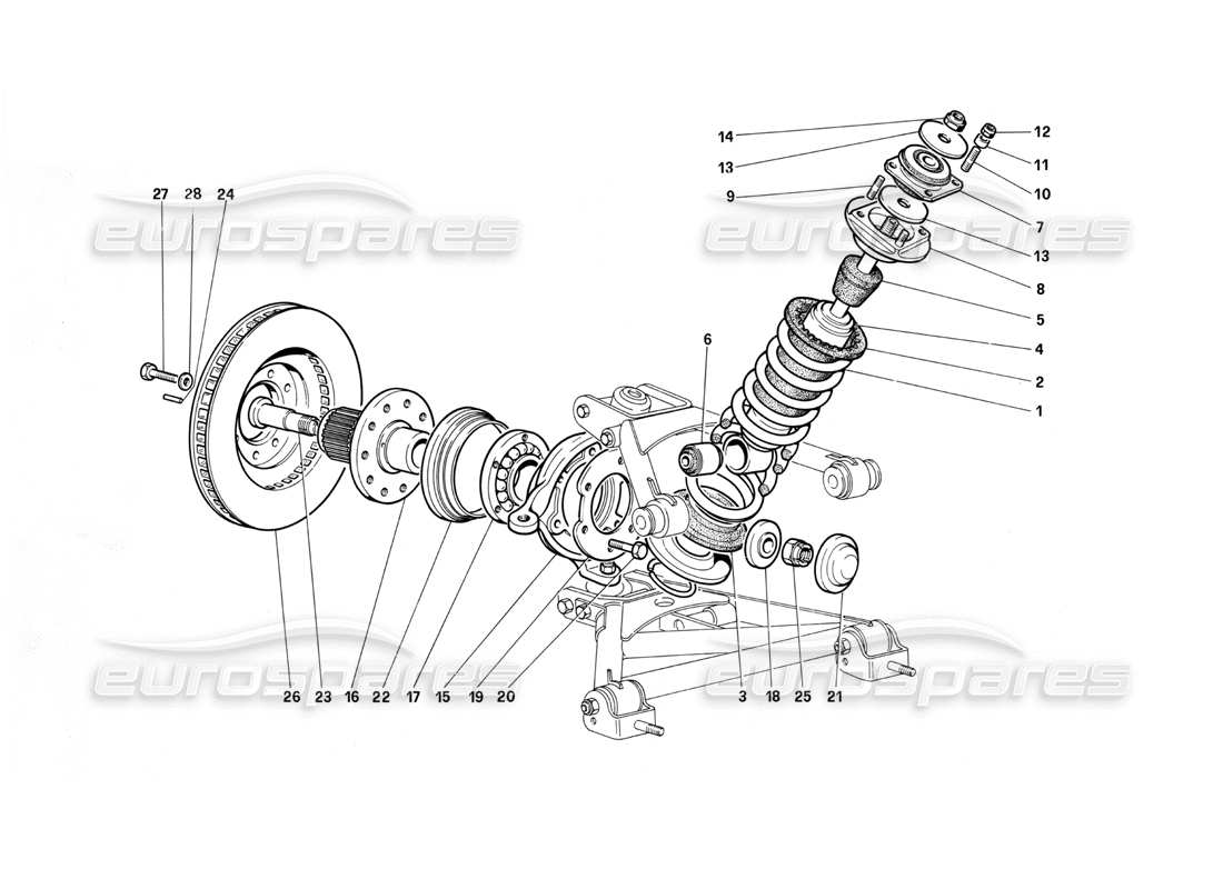 ferrari testarossa (1990) front suspension - shock absorber and brake disc (until car no. 75995) part diagram