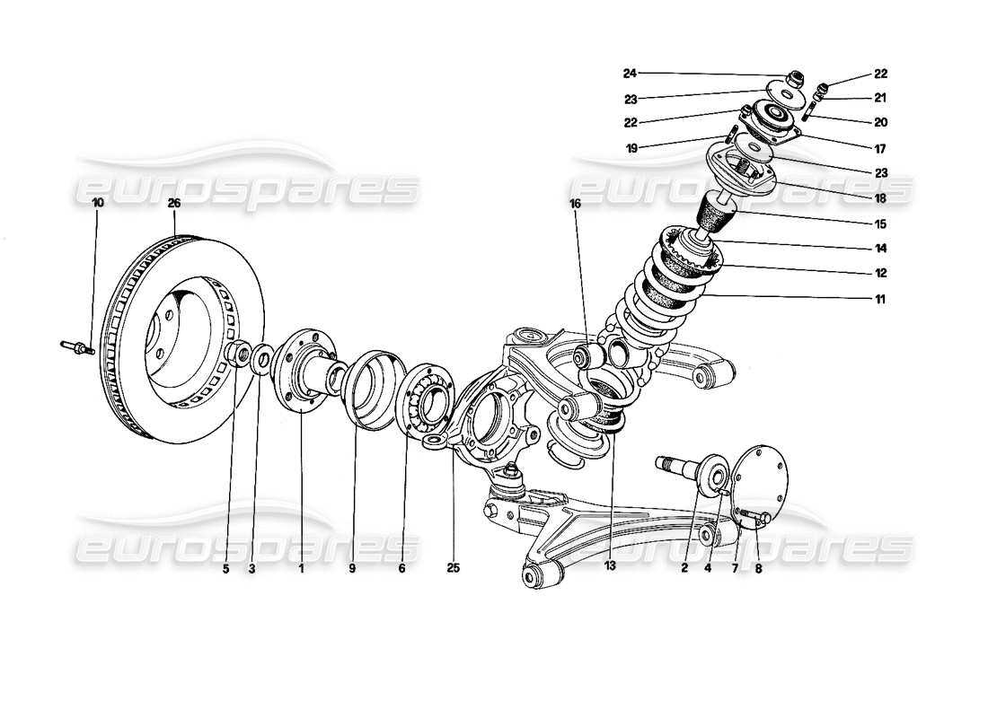 ferrari testarossa (1990) front suspension - shock absorber and brake disc (until car no. 75997) part diagram