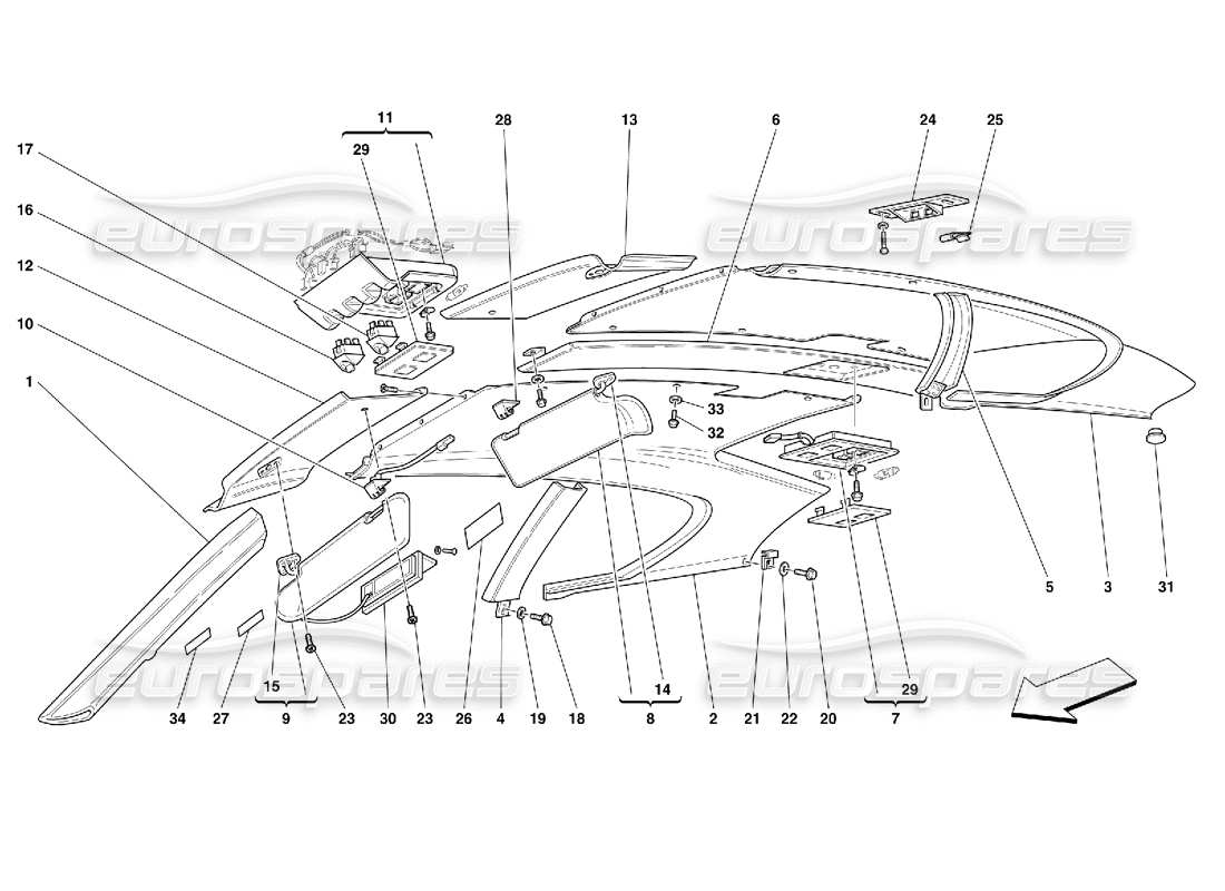 ferrari 456 gt/gta roof panel upholstery and accessories part diagram