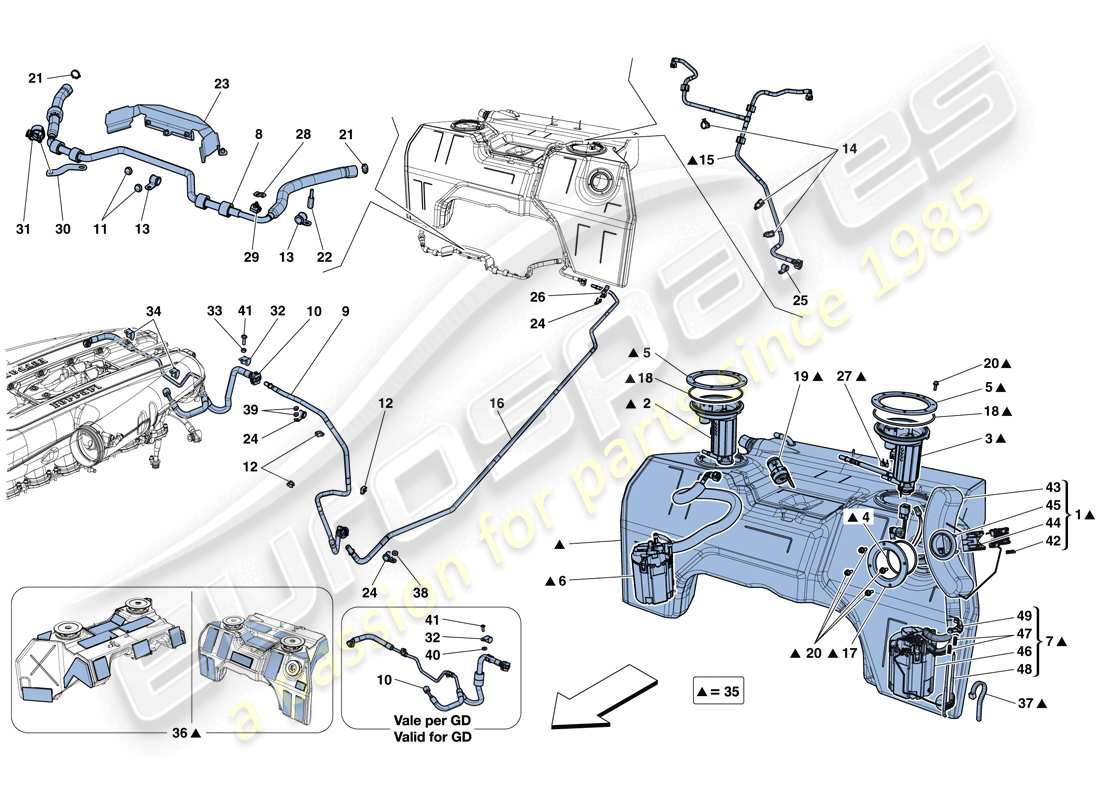 ferrari 812 superfast (rhd) fuel tank, fuel system pumps and pipes parts diagram