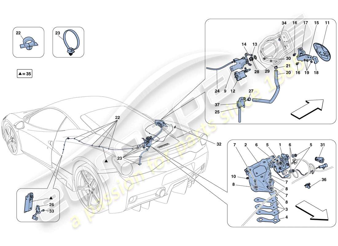 ferrari 458 speciale (rhd) engine compartment lid and fuel filler flap opening mechanisms part diagram