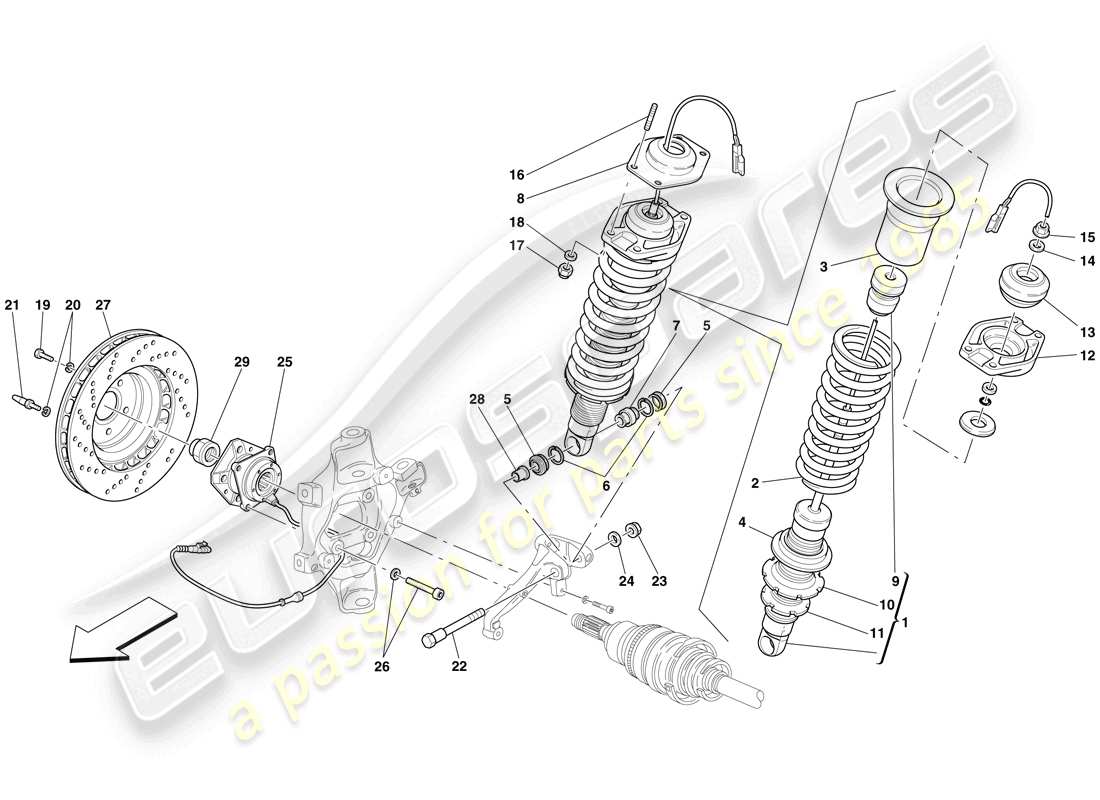 ferrari 612 scaglietti (rhd) rear suspension - shock absorber and brake disc parts diagram