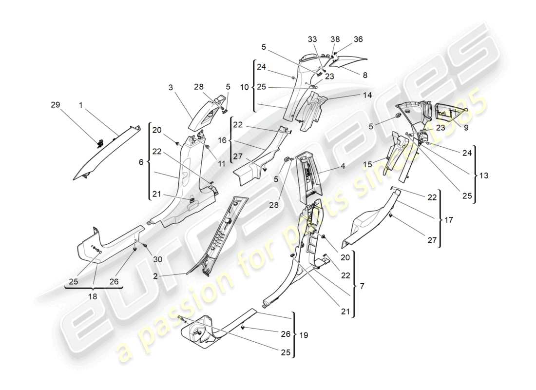 maserati ghibli fragment (2022) passenger compartment b pillar trim panels and side panels part diagram