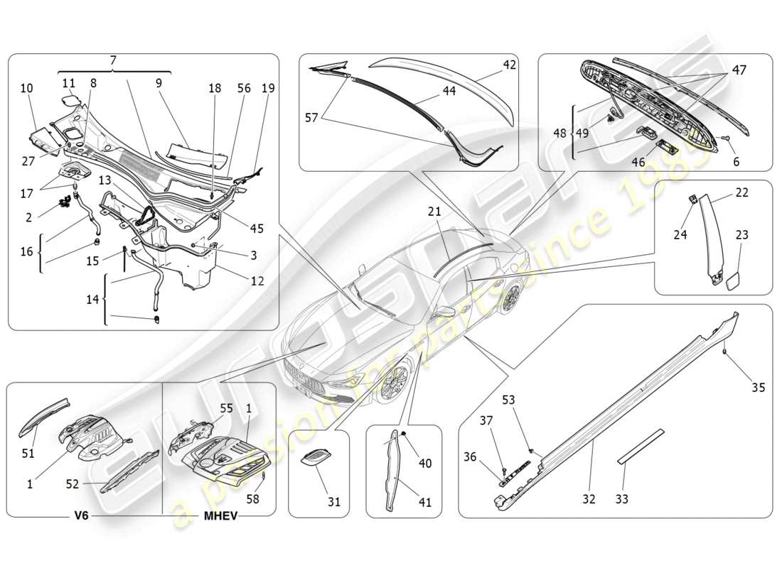 maserati ghibli fragment (2022) shields, trims and covering panels part diagram