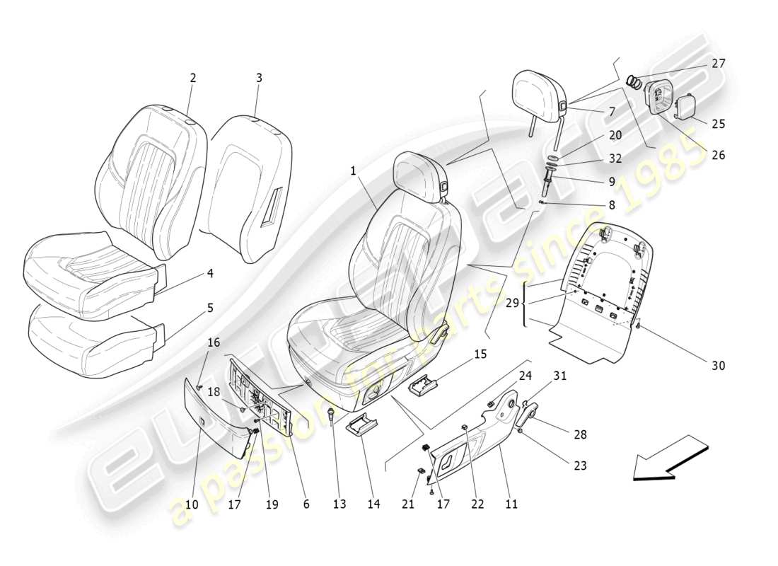 maserati ghibli fragment (2022) front seats: trim panels part diagram