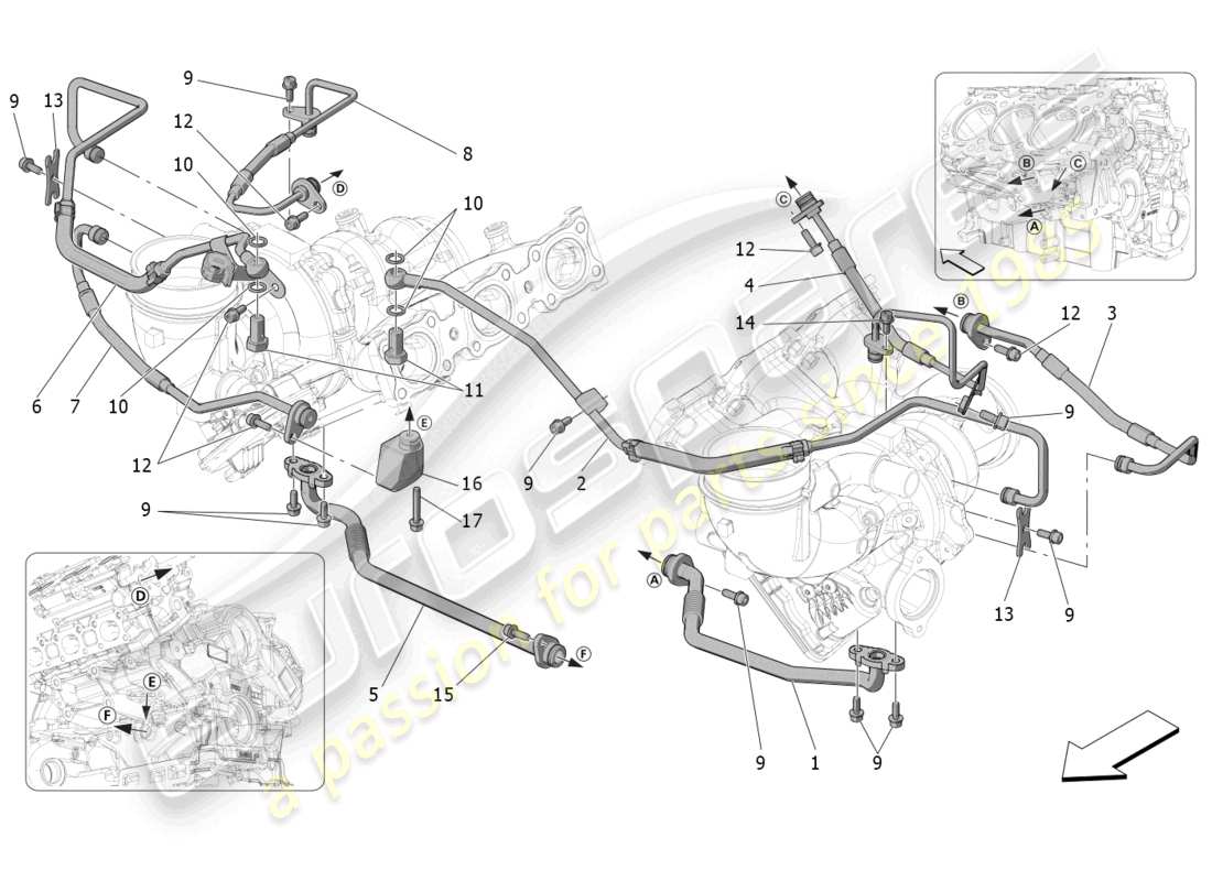 maserati mc20 (2023) turbocharging system: lubrication and cooling part diagram