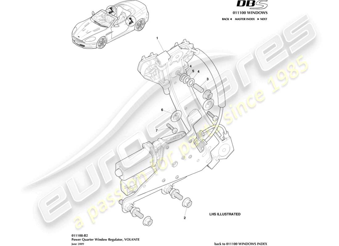 aston martin dbs (2013) rear quarter regulators, volante part diagram