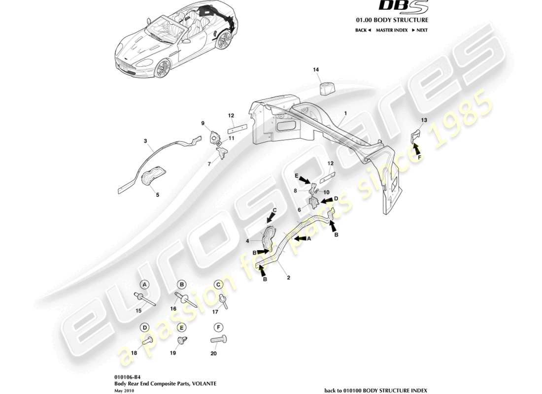aston martin dbs (2013) body rear end composite, volante part diagram