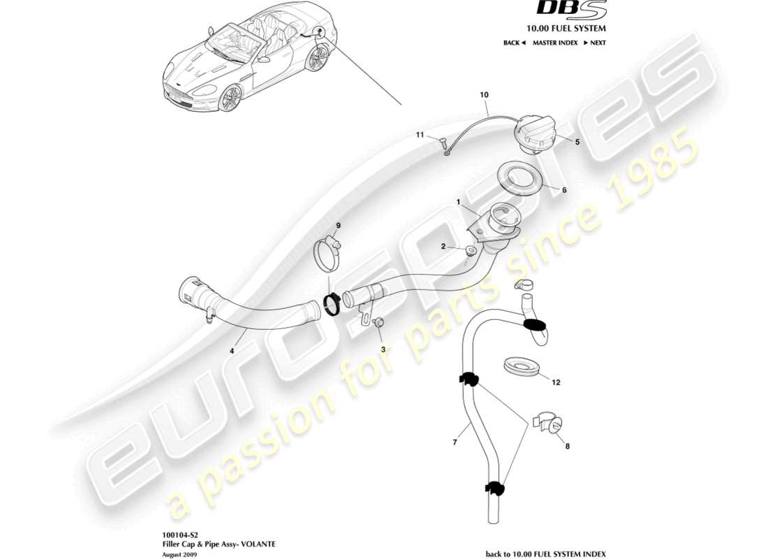 aston martin dbs (2013) fuel filler cap & pipe, volante part diagram