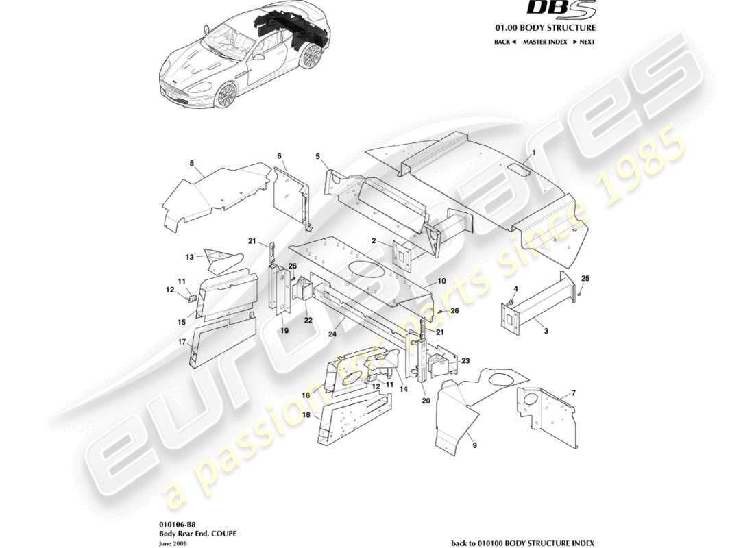 aston martin dbs (2013) body rear end, coupe part diagram