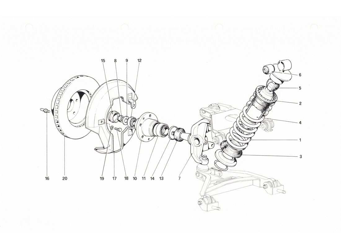 ferrari 208 gtb gts front suspension - shock absorber and brake disc part diagram