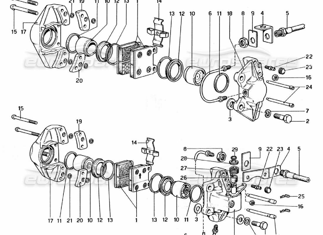ferrari 308 gtb (1976) calipers for front and rear brakes part diagram