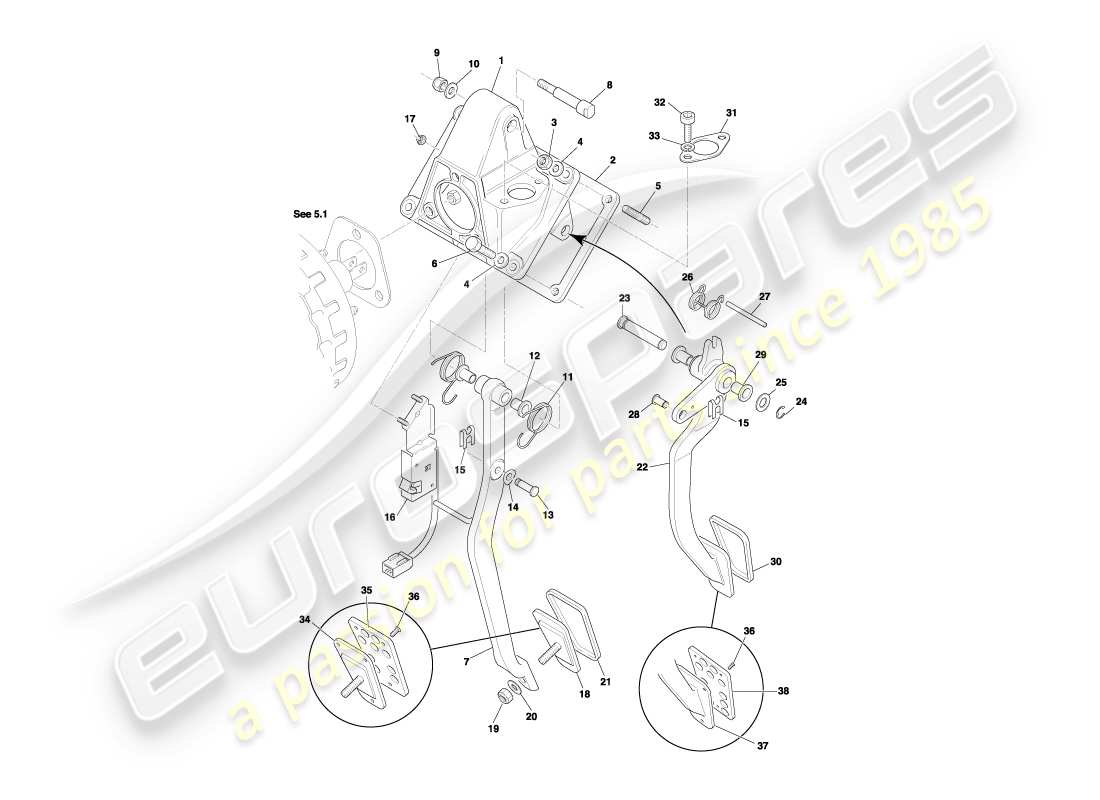 aston martin db7 vantage (2004) pedal gear, manual brake & clutch part diagram