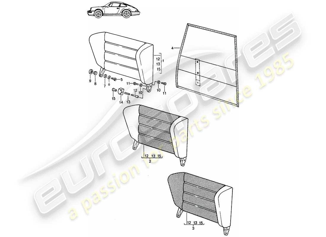 porsche seat 944/968/911/928 (1995) emergency seat backrest - with: - pull-type release - d - mj 1989>> - mj 1991 part diagram