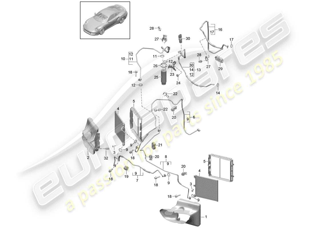 porsche 991 t/gt2rs refrigerant circuit part diagram