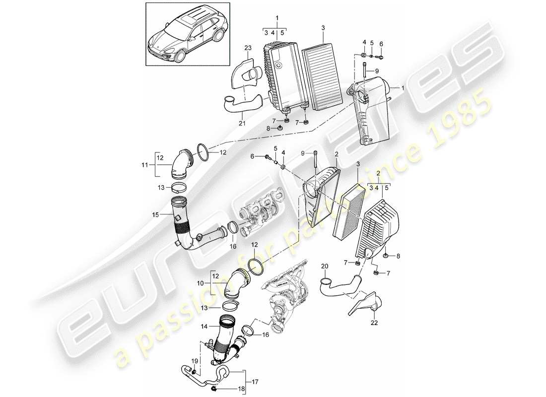 porsche cayenne e2 (2018) air cleaner with connecting part diagram