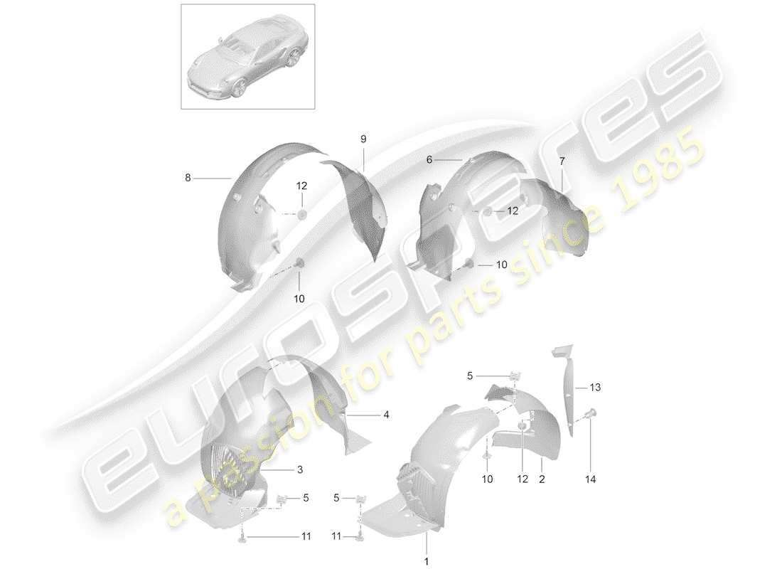porsche 991 t/gt2rs wheelhouse protector part diagram