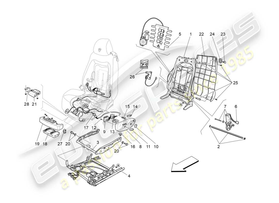maserati granturismo (2010) front seats: mechanics and electronics part diagram