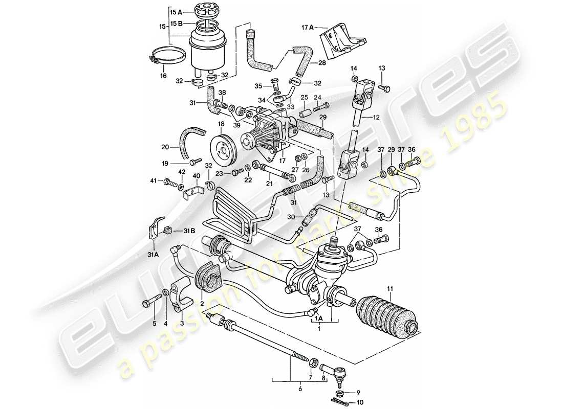 porsche 924s (1988) power steering - steering gear - power steering pump - lines part diagram