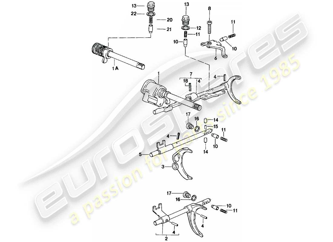 porsche 924 (1983) shift rods - shift forks - manual gearbox - vq vr uv md - me mf mb mx - d - mj 1981>> part diagram