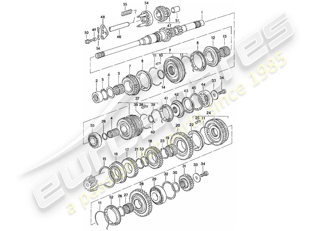porsche 924 (1983) gears and shafts - manual gearbox - vq vr uv md - me mf mb mx - d - mj 1981>> part diagram