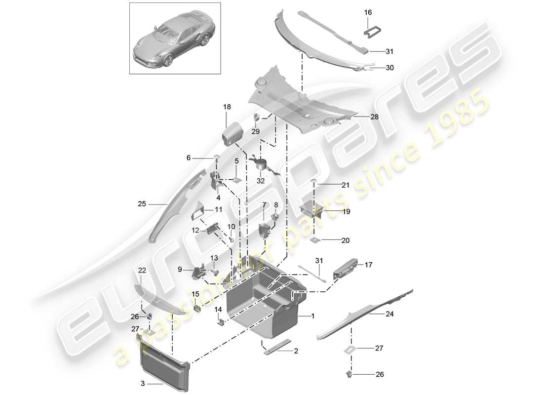 porsche 991 t/gt2rs boot lining part diagram