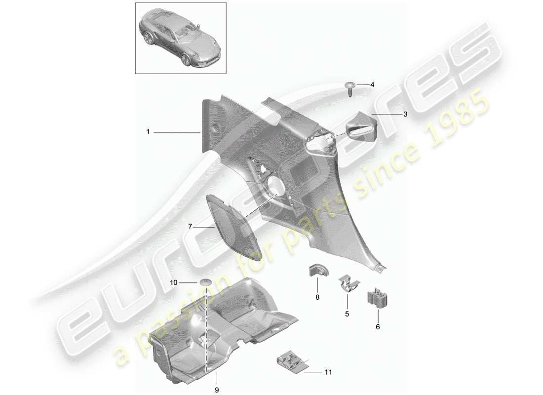 porsche 991 turbo (2020) quarter trim panel part diagram