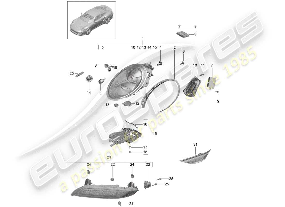 porsche 991 t/gt2rs headlamp part diagram