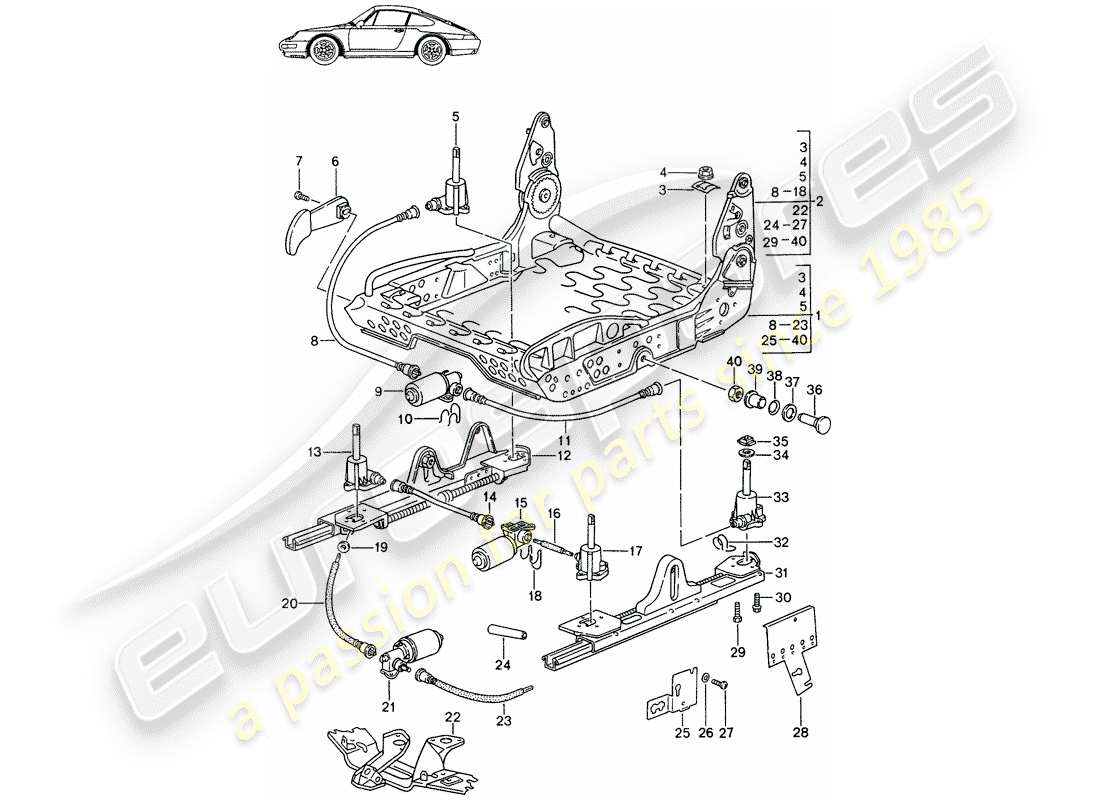 porsche seat 944/968/911/928 (1996) frame for seat - for - comfort seat - and - standard seat - with: - elect. vertical adjustment - d - mj 1994>> - mj 1998 part diagram