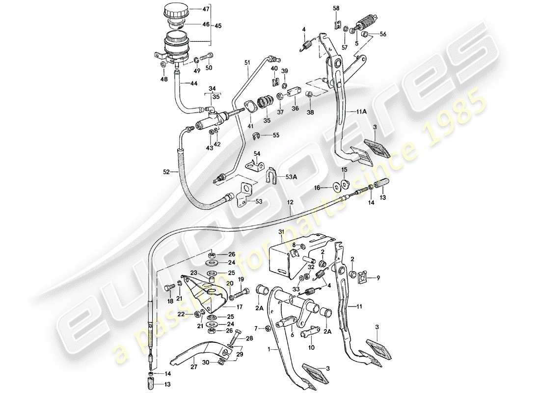 porsche 924 (1983) brake and clutch pedals - cluster part diagram