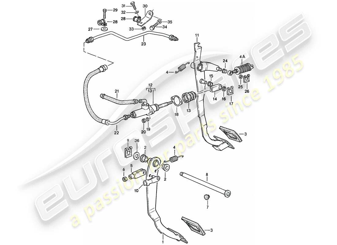 porsche 924s (1988) brake - clutch - pedals part diagram