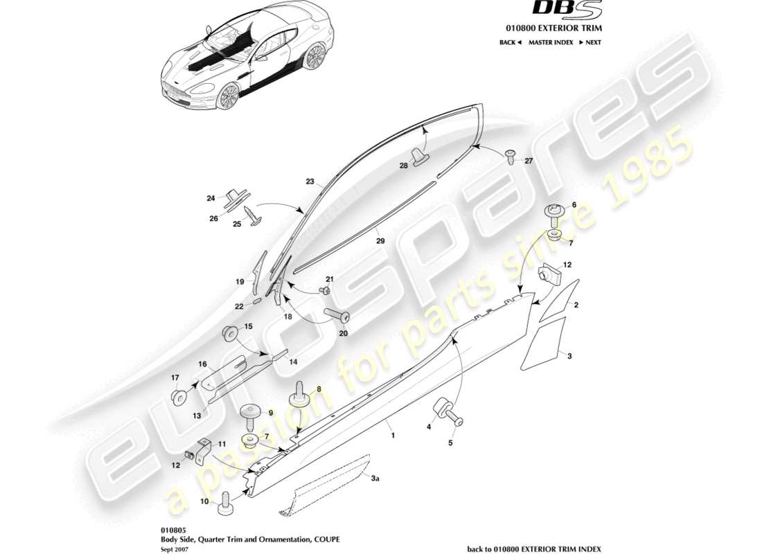 aston martin dbs (2013) bodyside & quarter trim, coupe part diagram