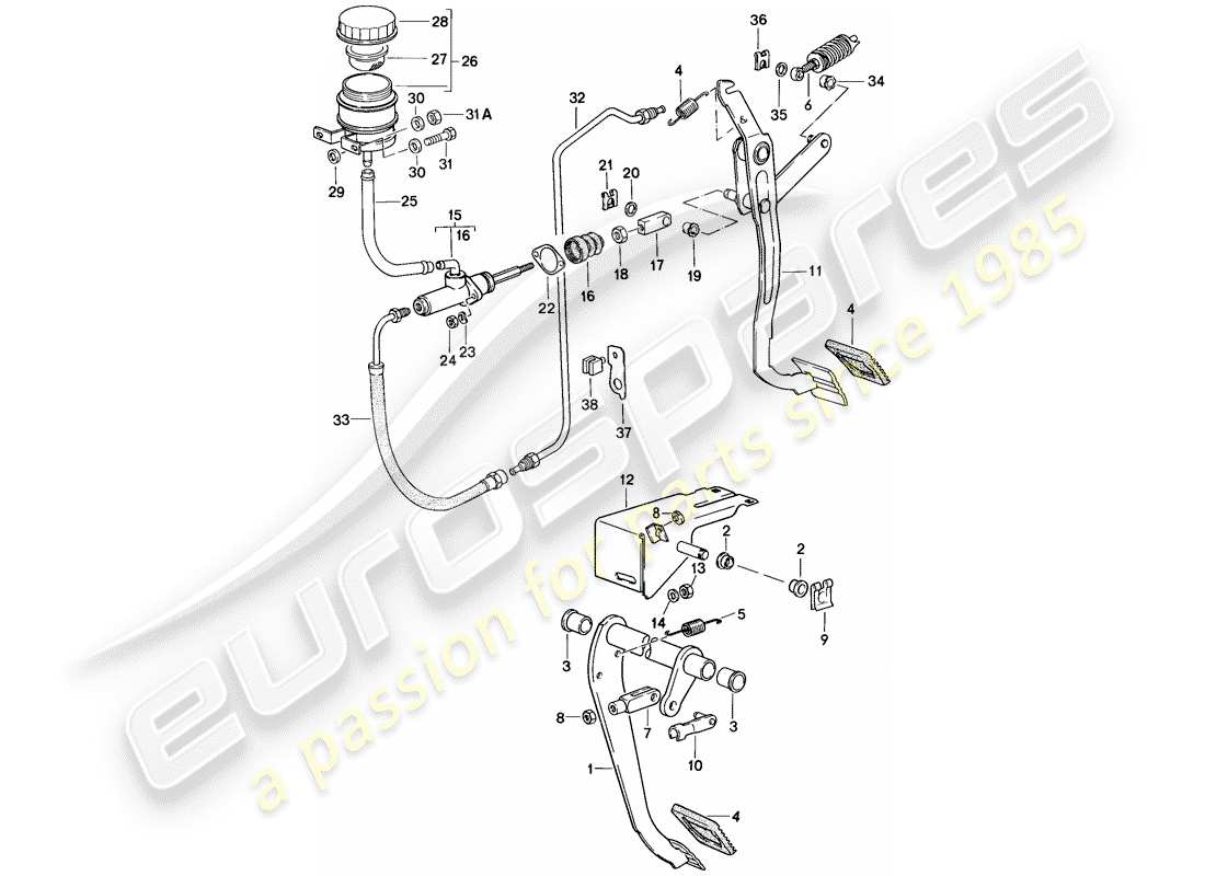 porsche 924s (1988) brake - clutch - pedals part diagram