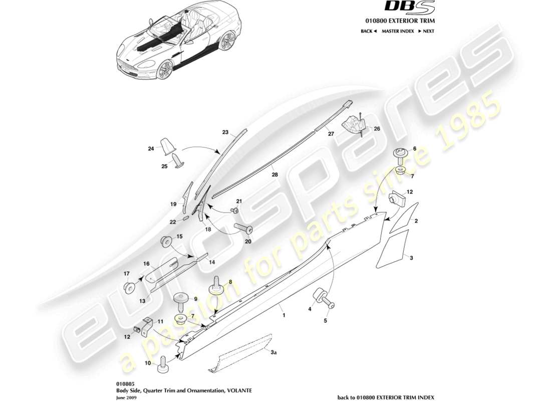 aston martin dbs (2013) bodyside & quarter trim, volante part diagram