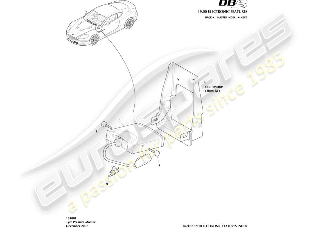 aston martin dbs (2013) tyre pressure module part diagram