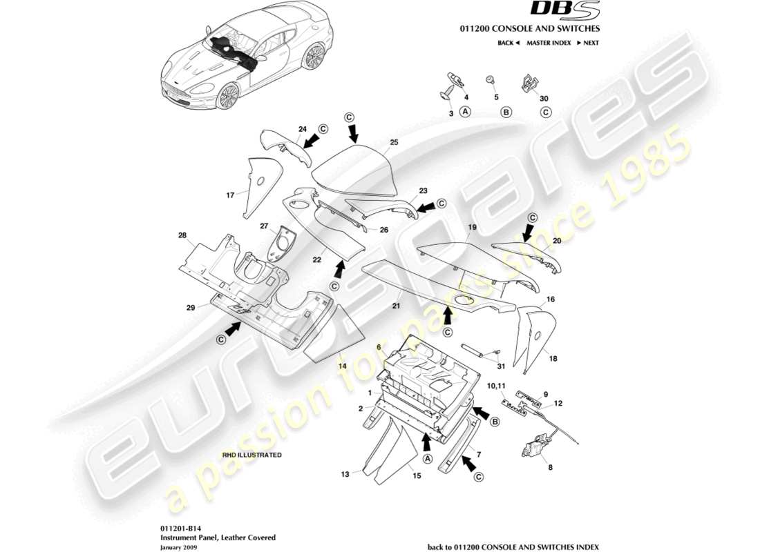 aston martin dbs (2013) instrument panel, leather, b&o part diagram