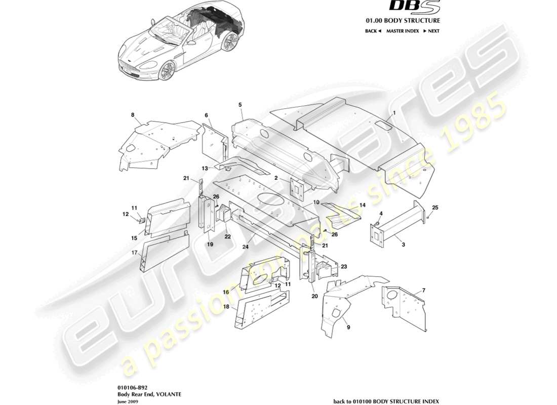 aston martin dbs (2013) body rear end, volante part diagram