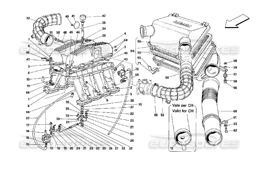 Ferrari Mondial 3.4 t Coupe/Cabrio Manifolds and Air Intake - Motronic 2.5 Parts Diagram