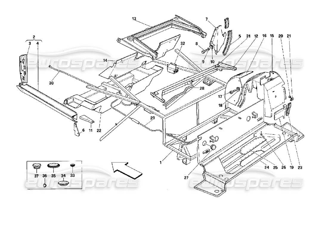 Ferrari Mondial 3.4 t Coupe/Cabrio Body Shell: Inner Elements - Rear Part - Cabriolet Parts Diagram