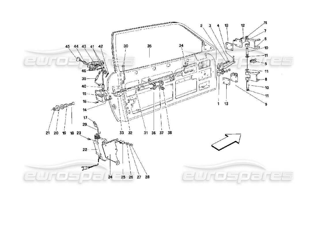 Ferrari Mondial 3.4 t Coupe/Cabrio Doors - Coupe - Opening Control and Hinges Parts Diagram