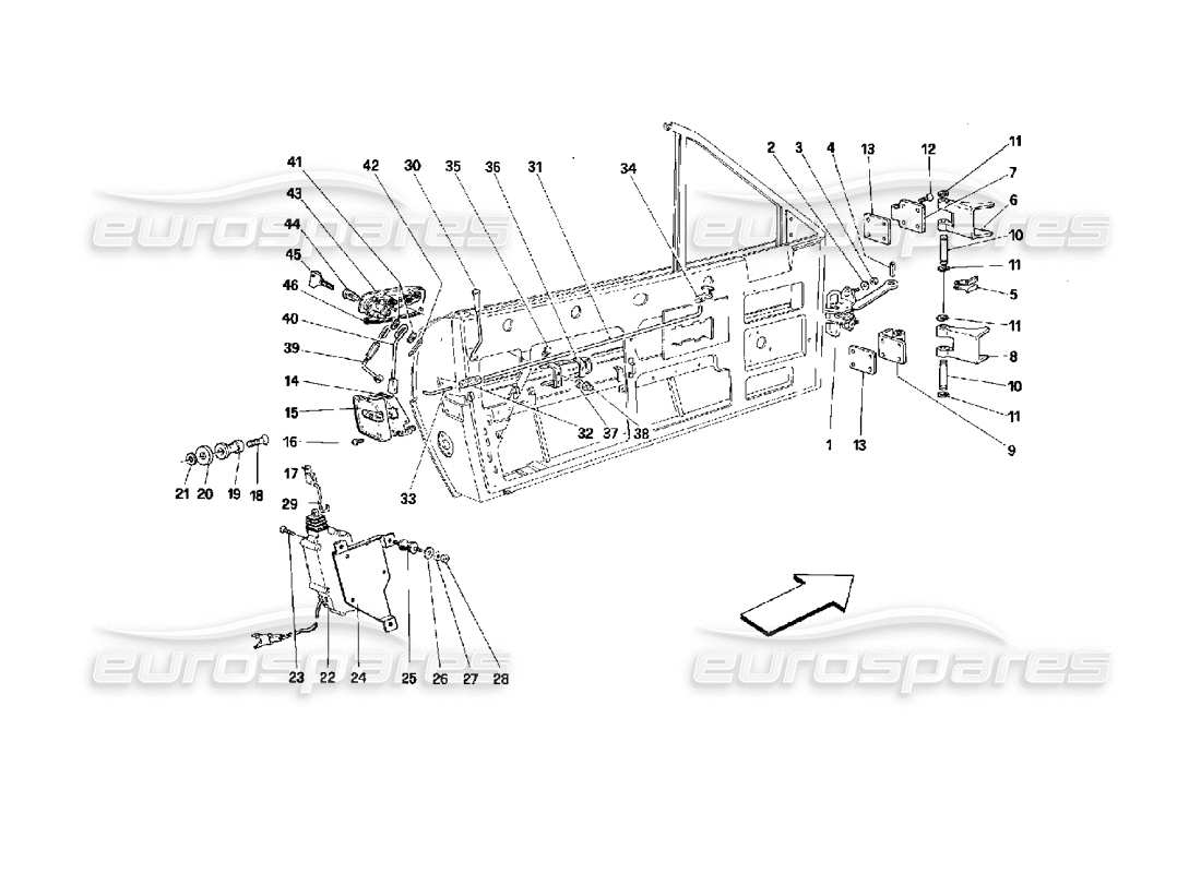 Ferrari Mondial 3.4 t Coupe/Cabrio Doors - Cabriolet - Opening Control and Hinges Parts Diagram