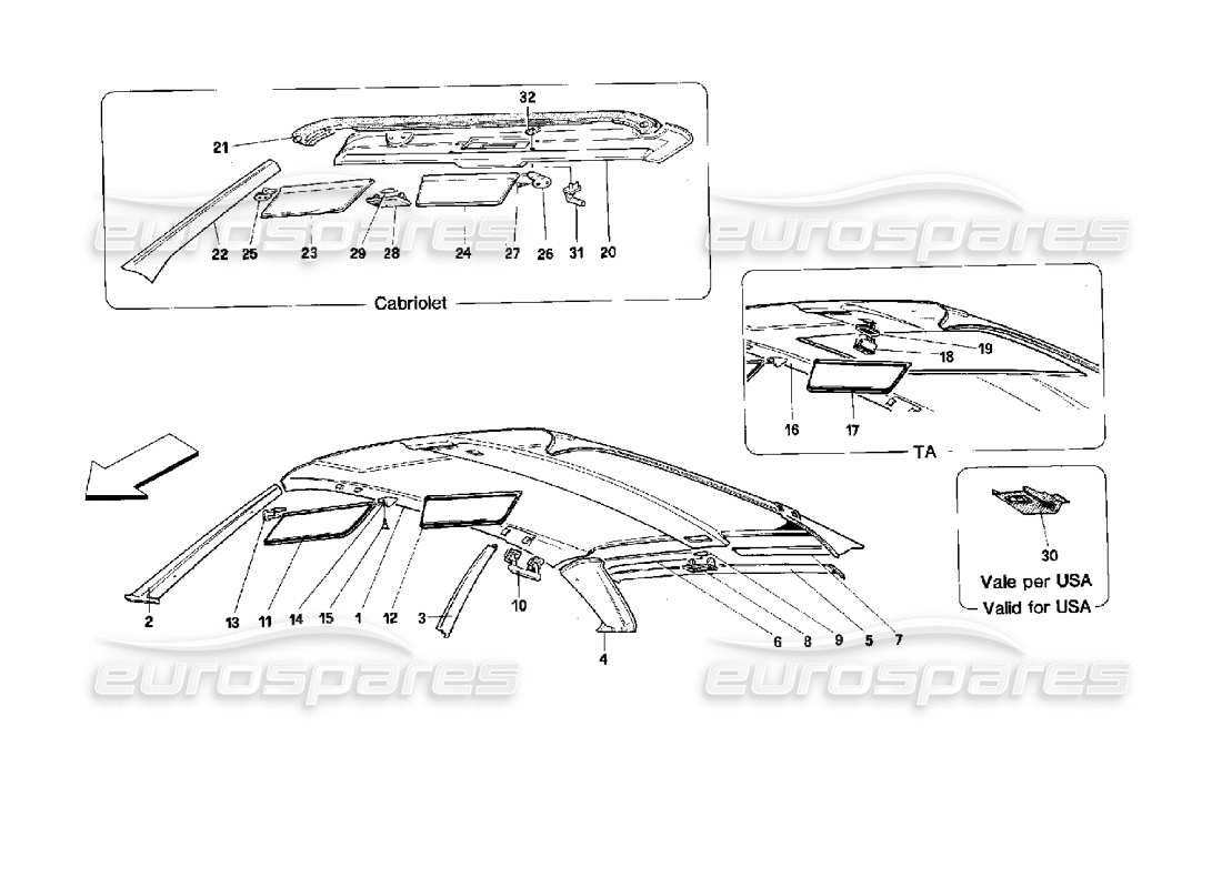 Ferrari Mondial 3.4 t Coupe/Cabrio ROOF Parts Diagram