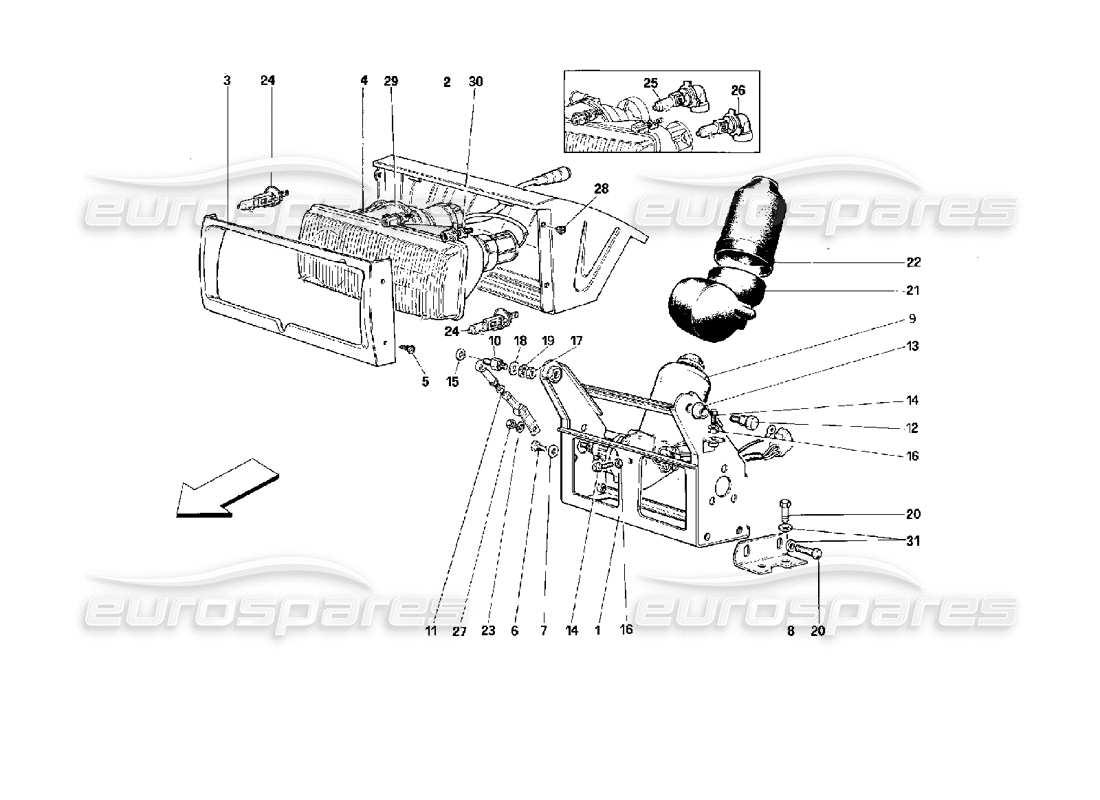 Ferrari Mondial 3.4 t Coupe/Cabrio Headlights Lifting Device and Headlights Parts Diagram