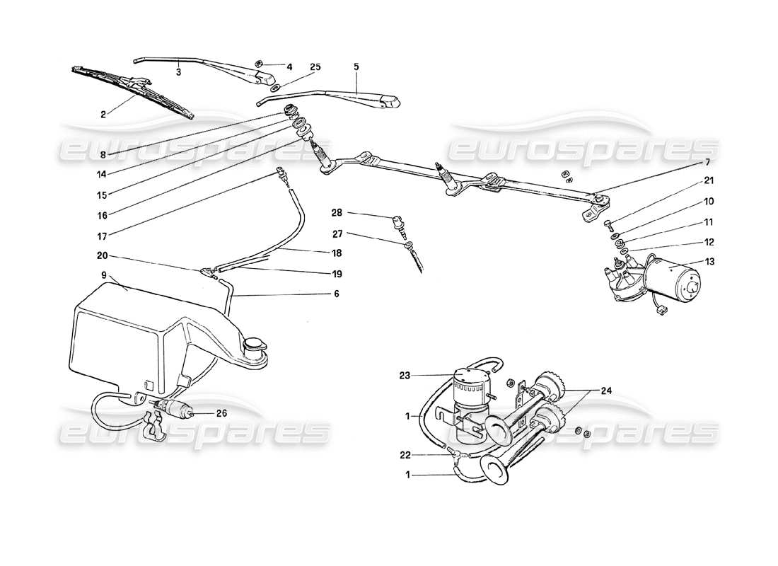 Ferrari 208 Turbo (1989) Windshield Wiper, Washer and Horns Parts Diagram