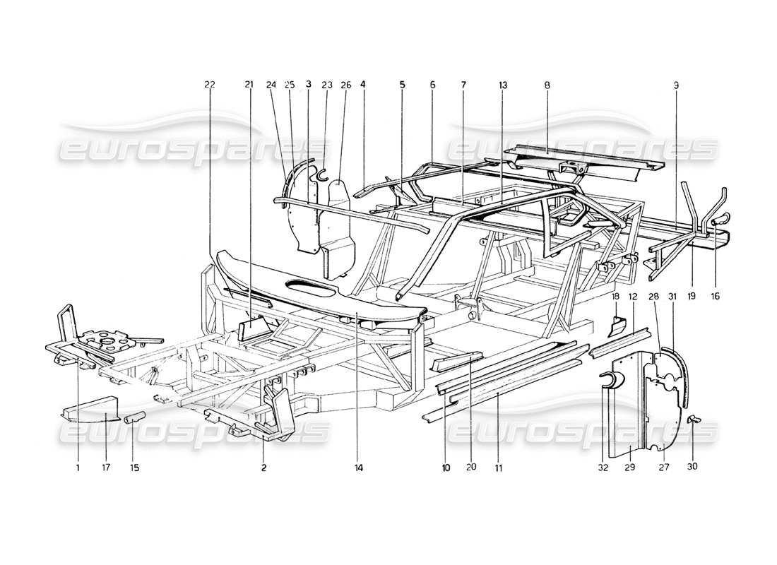 Ferrari 308 GT4 Dino (1979) Body Shell - Inner Elements Parts Diagram