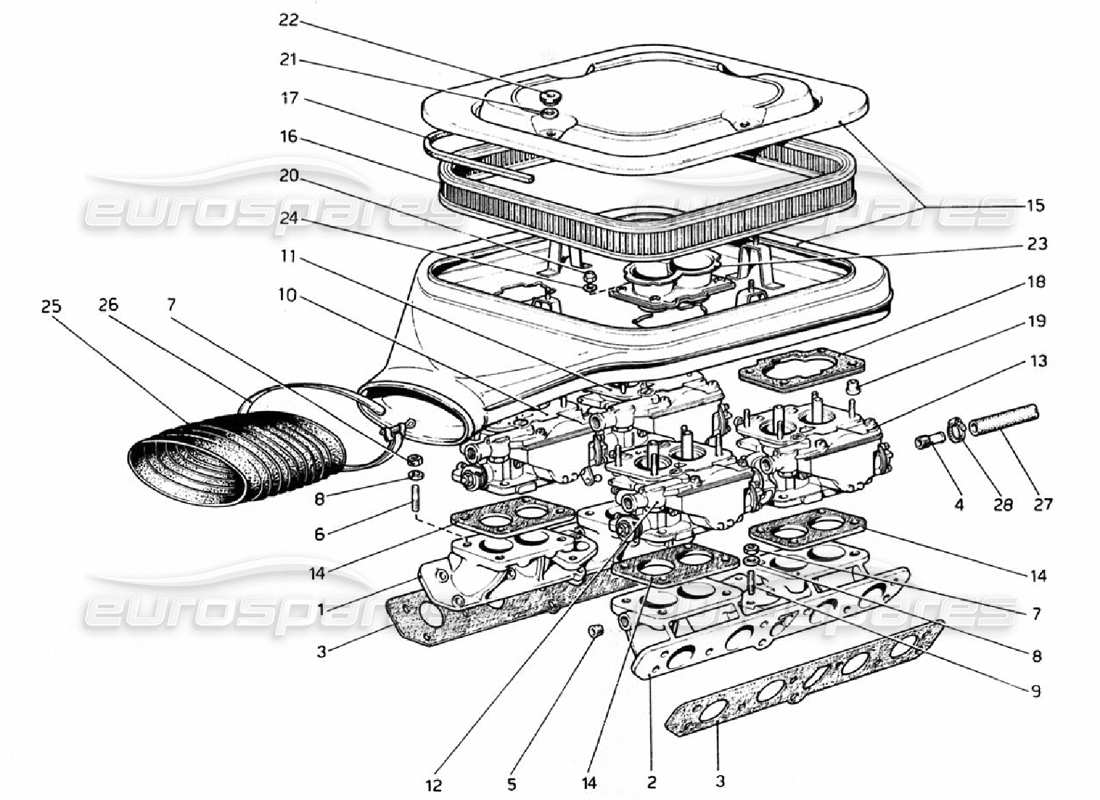Ferrari 308 GTB (1976) carburettors and air cleaner Parts Diagram