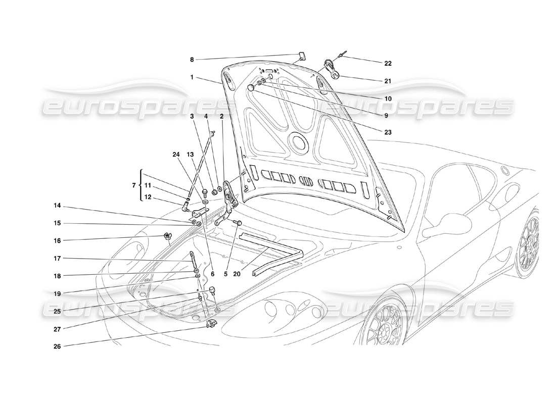 Ferrari 360 Challenge (2000) Front Hood and Opening Device Parts Diagram