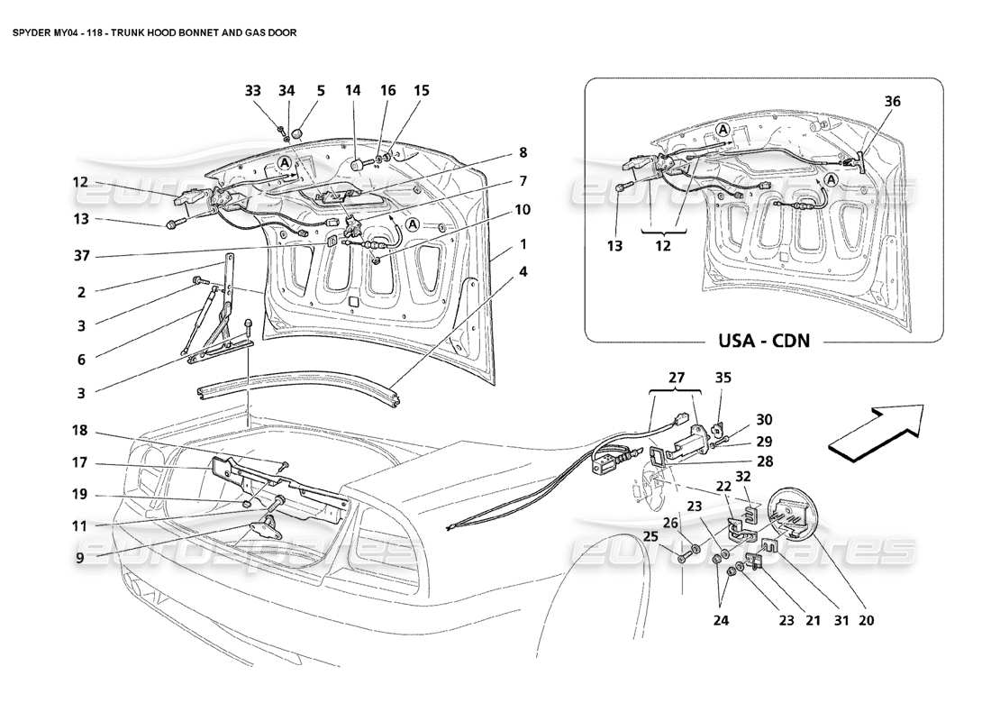 Maserati 4200 Spyder (2004) Trunk Hood Bonnet and Gas Door Parts Diagram