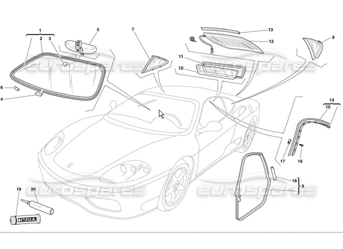 Ferrari 360 Modena Glasses and Gaskets Part Diagram